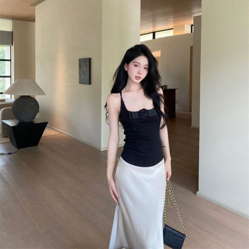 Fashionable Summer New Pure Desire Style Slim Fit Suspended Top Women's High Waist Half Skirt Two Piece Set Female Clothing