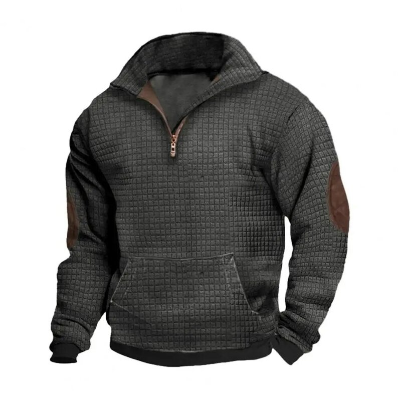 Fall Spring Men Sweatshirt Turn-down Collar Long Sleeve Elastic Cuff Zipper Patch Pocket Loose Casual Mid Length Men Daily Top