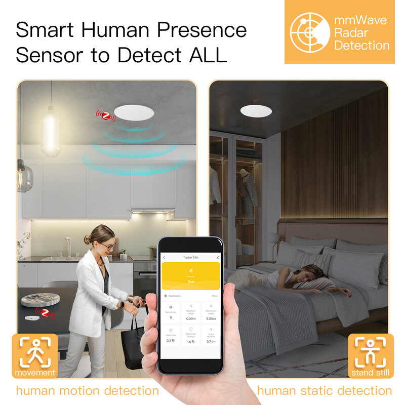 Detector de presencia humana Tuya Smart ZigBee/WiFi, Sensor de detección de Radar fotométrico 2 en 1, función Smart Life, Hub PIR para techo