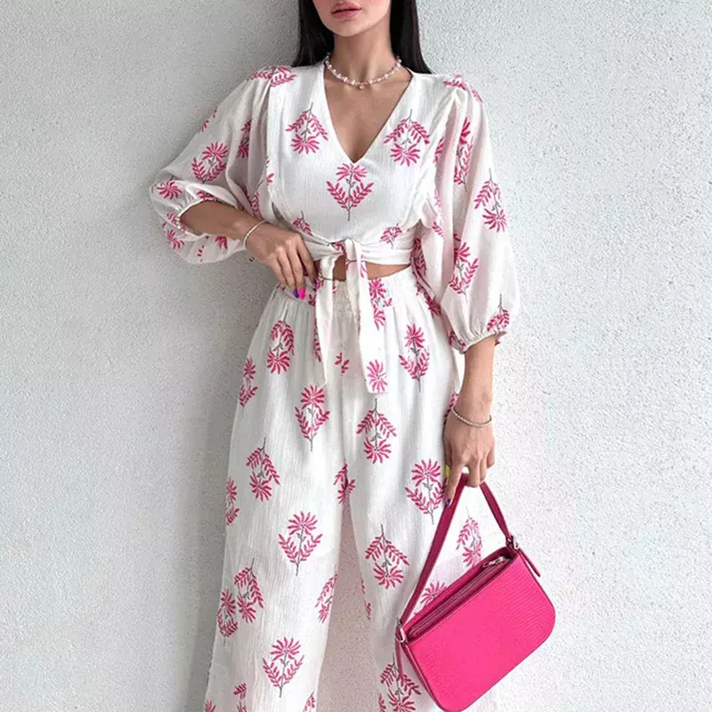 Women's Pure Cotton Suit 2024 Summer New V-Neck Temperament Printed Puff Sleeve Top and Trousers Women's Two-Piece Set