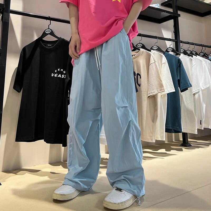 2024 New Summer Youth Collection Fashionable Casual Loose Sports Trousers Solid Color Straight Tube Elastic Band Men's Pants