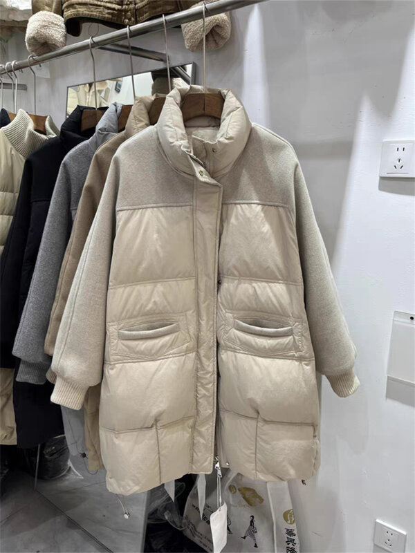 Doudoune de longueur moyenne pour femme, veste en peluche épaissie 90, design d'épissure en tissu de laine, nouvelle collection hiver