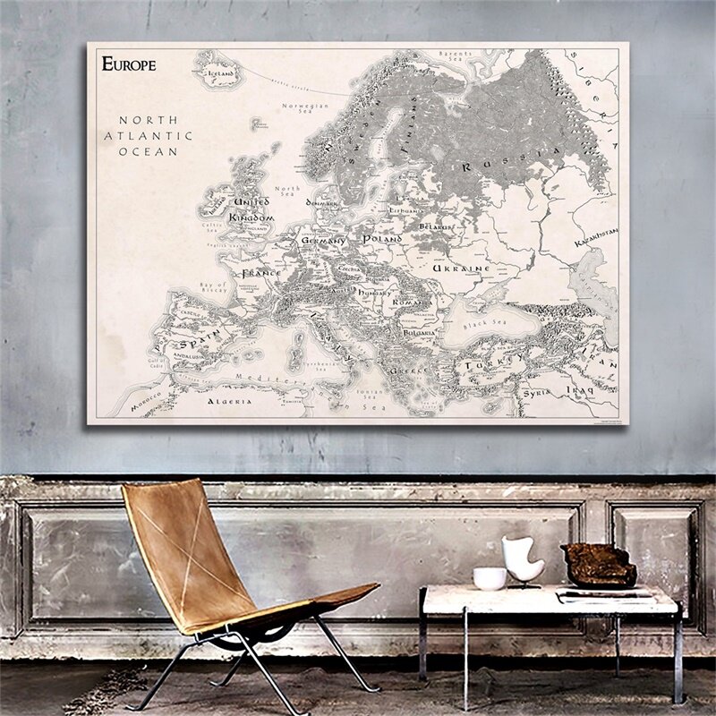 90*60ซม.แผนที่ยุโรป Vintage โปสเตอร์ Non-ทอภาพวาดผ้าใบพิมพ์ Living Room Home Decor อุปกรณ์โรงเรียน