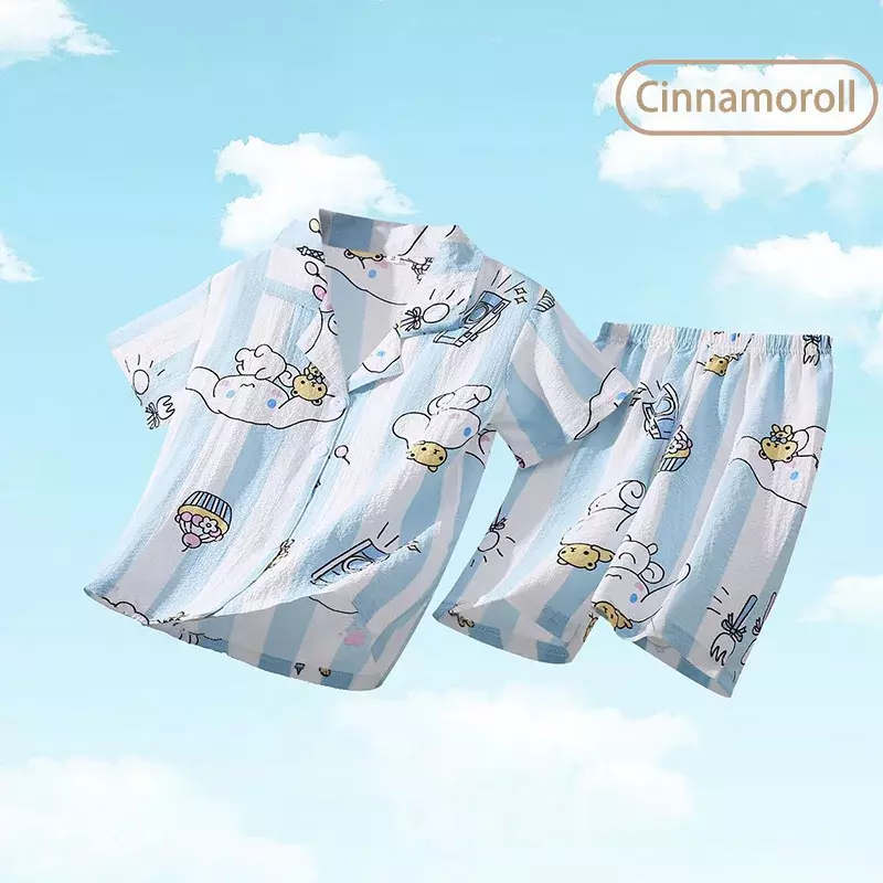 Пижамный комплект Sanrio Cinnamoroll детский, милый кардиган с коротким рукавом и рисунком аниме Kuromi My Melody, домашняя одежда для девочек и мальчиков, на лето
