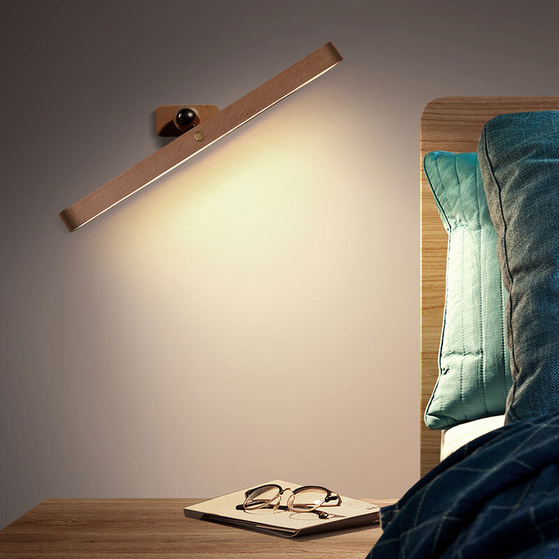 Carga magnética USB Espejo de madera Luz de relleno frontal Luz de noche LED Luz de pared táctil giratoria de 360 ° Lámpara de cabecera de dormitorio Hogar
