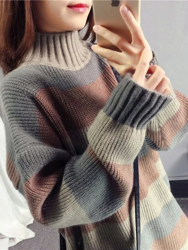 Pulôver feminino de malha grossa listrada, suéter solto, combinando cores, gola alta larga, novos tops de moda, inverno, E273