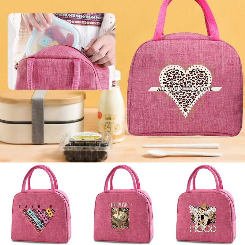 Portable Lunch Bag Thermal Insulated Lunch Box Tote Cooler Handbag Leopard Print Bento Pouch Dinner Container Food Storage Bags