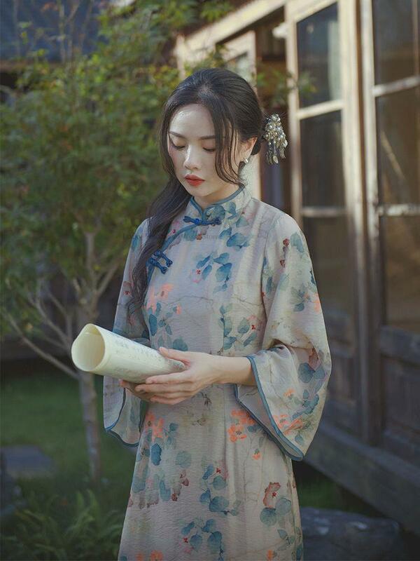 Chinese Style Qipao Dress Hanfu Improved Cheongsam French Style Clothing Lady Retro Oriental Traditional Graceful Floral Dress