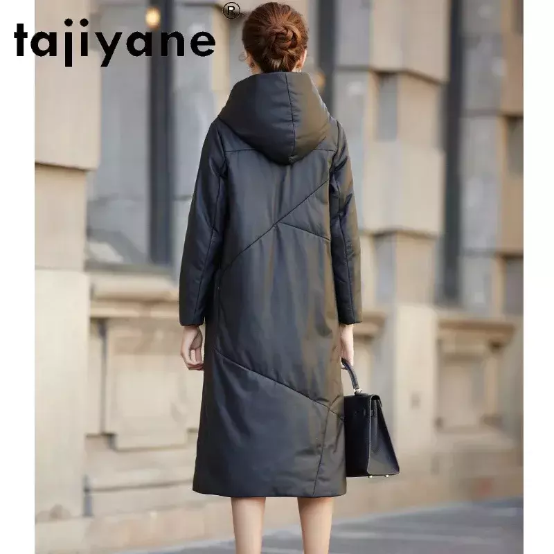 Tajeyane-abrigos y chaquetas de piel de oveja auténtica para Mujer, Abrigo de plumón de pato blanco con capucha, Abrigo largo de tela para Mujer, TN1331
