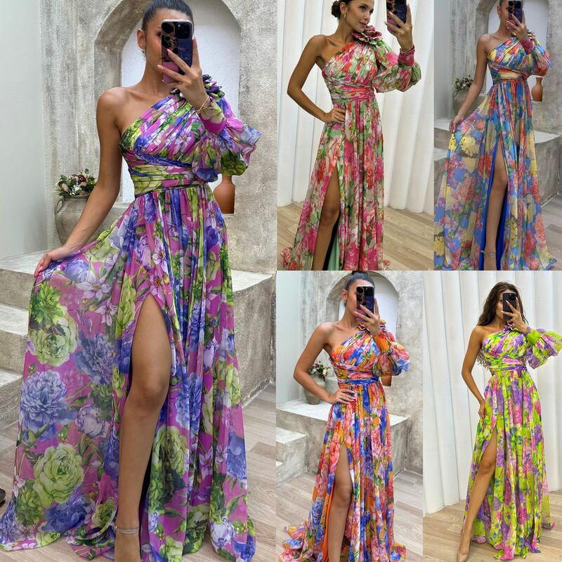 Elegant Chiffon Printed Beach Party Dress Women Sexy One Shoulder Applique Prom Dresses High Split Chic Lady Cocktail Long Gowns