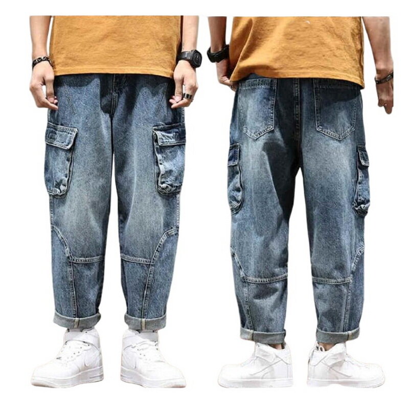 Jeans Cargo da uomo tasche Multiple pantaloni affusolati pantaloni larghi da Skateboard per giovani lavati