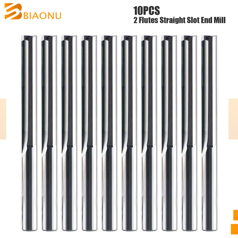 Biaonu 10pcs Two Flutes Straight Slot Milling Tools For Wood 3.175/4/5/6/8/10mm Carbide Endmills CNC Engraving Milling Cutter