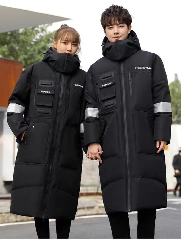 20 graus inverno moda casal casacos longo sobre o joelho grosso capuz blusão 90% pato branco para baixo quente puffer jaquetas