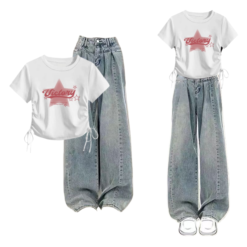 Letni słodki fajny zestaw koreański T-shirt z krótkim rękawem ze sznurkiem + amerykańska moda Vintage jeansy dwuczęściowy zestaw z wysokim stanem