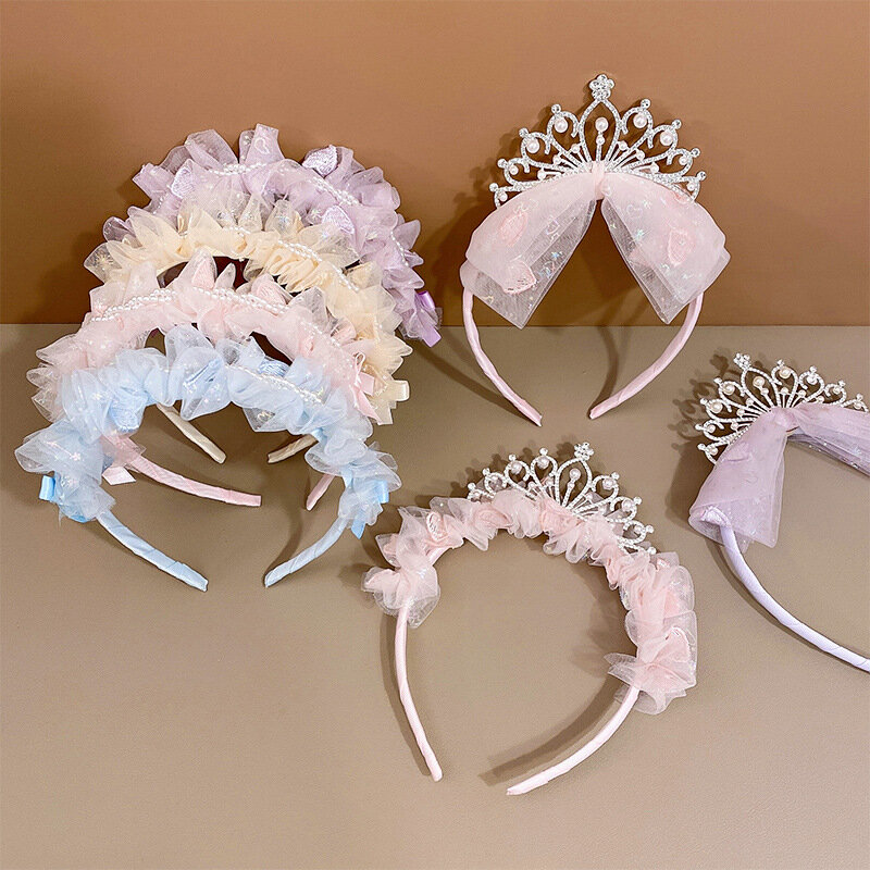Children's Hairband Blue Purple Pink Lace Headband Cute Princess Crown Headdress Bowknot Bright Diamond Pearl Hair Accessory