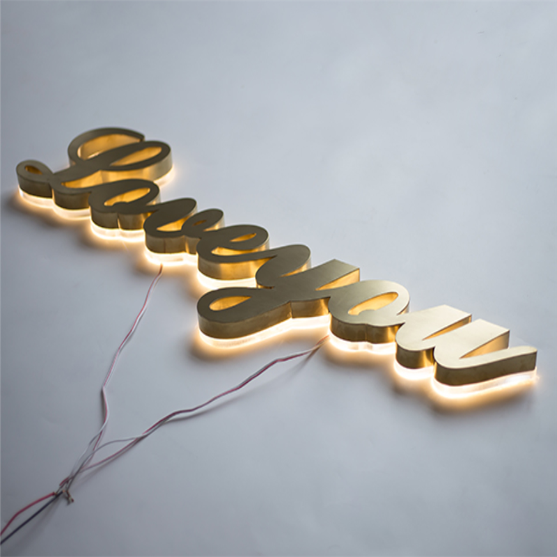 Letrero de acero inoxidable personalizado, letreros de tienda con letras de canal 3D doradas