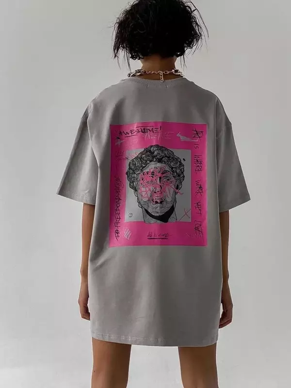 BF Style Print Oversized T-shirt for Women 2024 Summer Basic Cotton Tee Black O-neck Women's T-shirt Short Sleeve Tops Harajuku