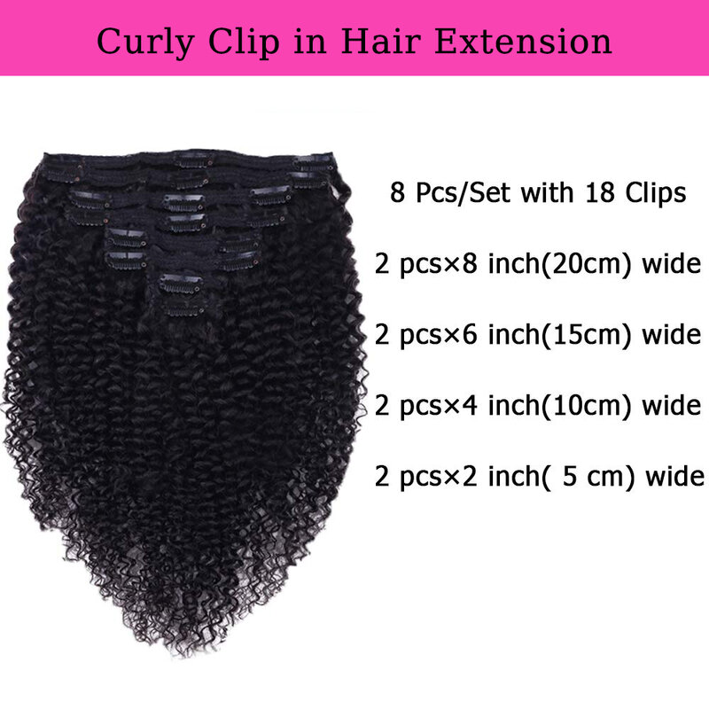 Extensions de cheveux à clipser pour femmes, cheveux humains crépus bouclés, noir, document naturel, 8 pièces, 120 g/ensemble