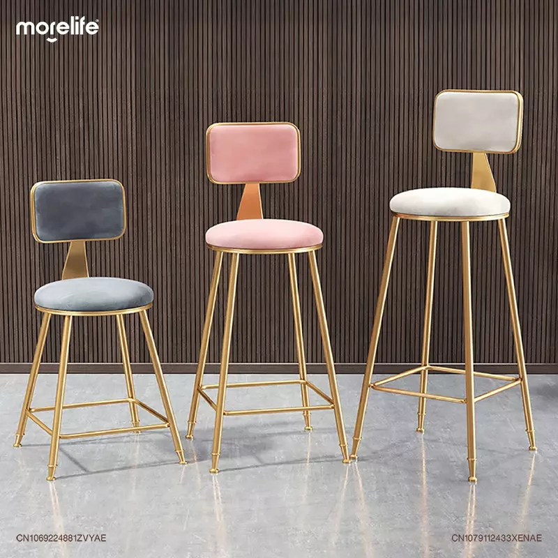 Nordic Golden Leg Velvet Cloth Bar Cadeiras, tamborete moderno minimalista, mesa de ilha de restaurante, cadeira de encosto