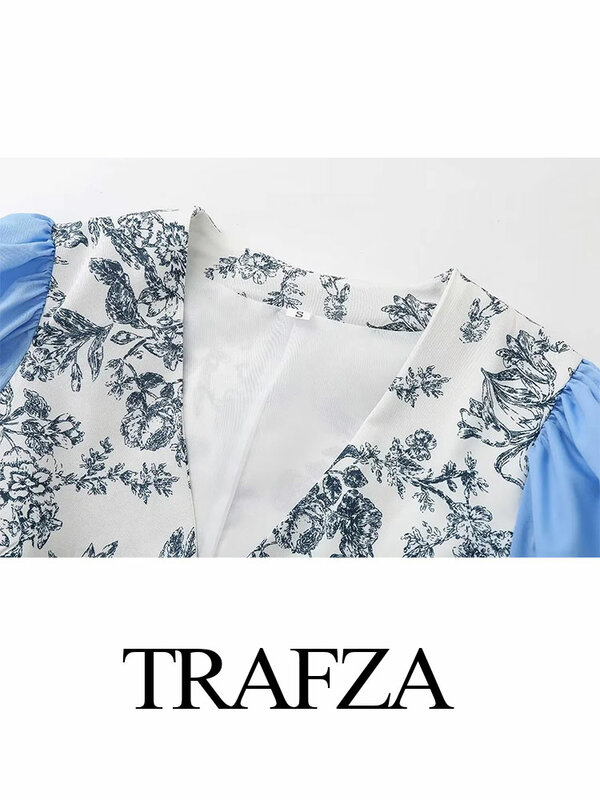 TRAFZA-Camisa feminina de peito único, camisa retrô elegante, emenda estampada, manga longa, decote em v, verão, 2024