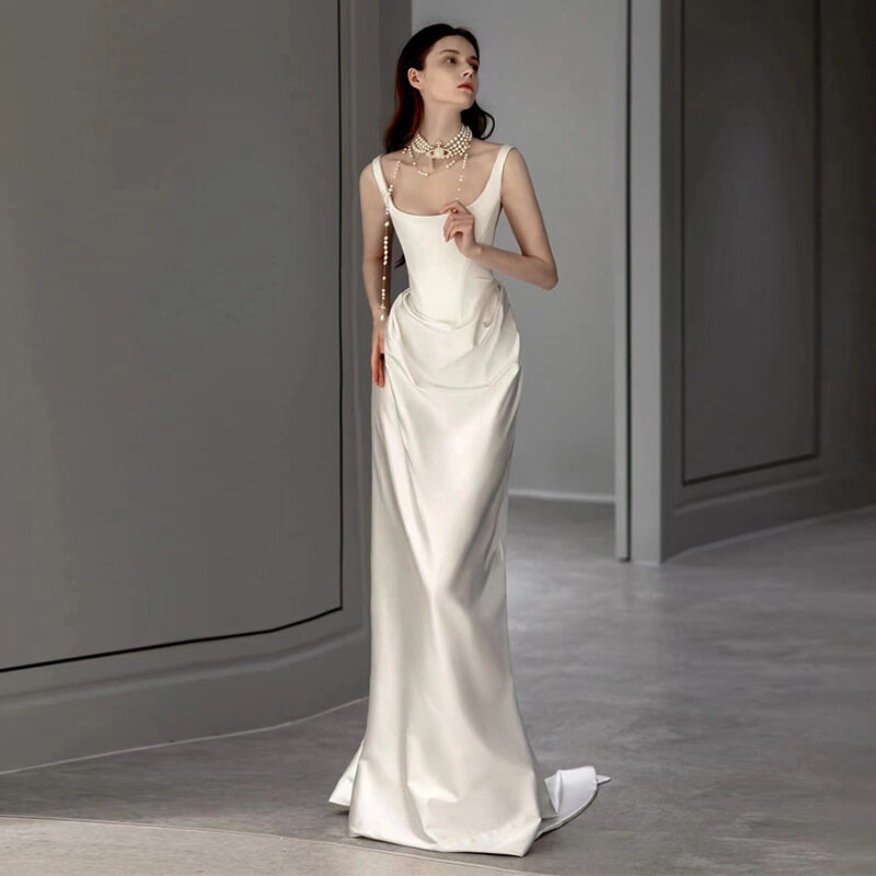 Gaun pengantin ketat seksi 2023 gaun pernikahan untuk wanita gaun pengantin leher perahu tali Spaghetti gaun pengantin Vestido De Noiva