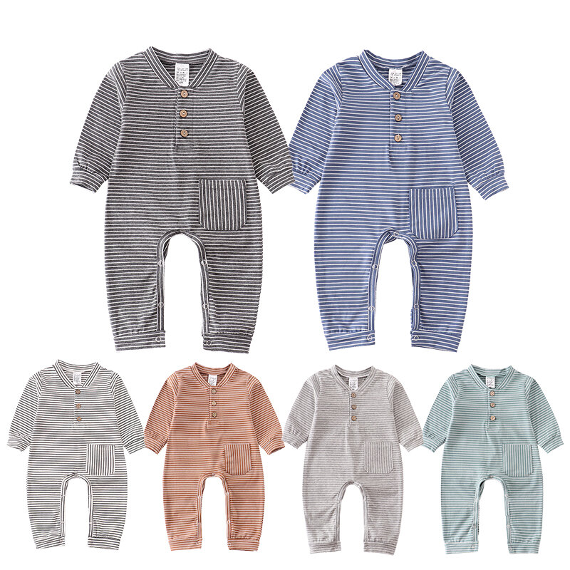 Комплект одежды для новорожденных мальчиков и девочек, осенне-зимняя Хлопковая пижама в полоску с длинным рукавом, Одежда для новорожденных