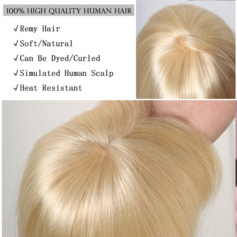 100% Remy Human Hair Topper in Silk Base Warm Blonde 12 Inches Human Hair Pieces Toppers With Bangs 3 Clips in Toppers for Women