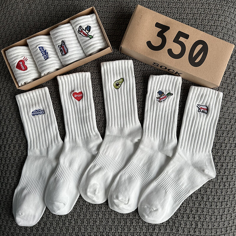 Men's Socks Gift Box Spring Summer 4Pairs/Box Fashion Embroidery Free Shipping Items for Men Funny Gifts Black Middle Tube Socks