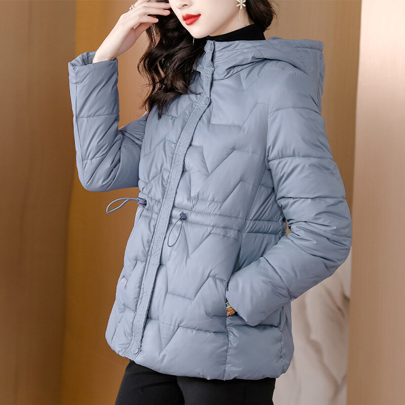 2023 Autumn and Winter New Women's Light and Thin Hooded Cotton Clothes with Waist Wrap for Slimming and Warm Coat