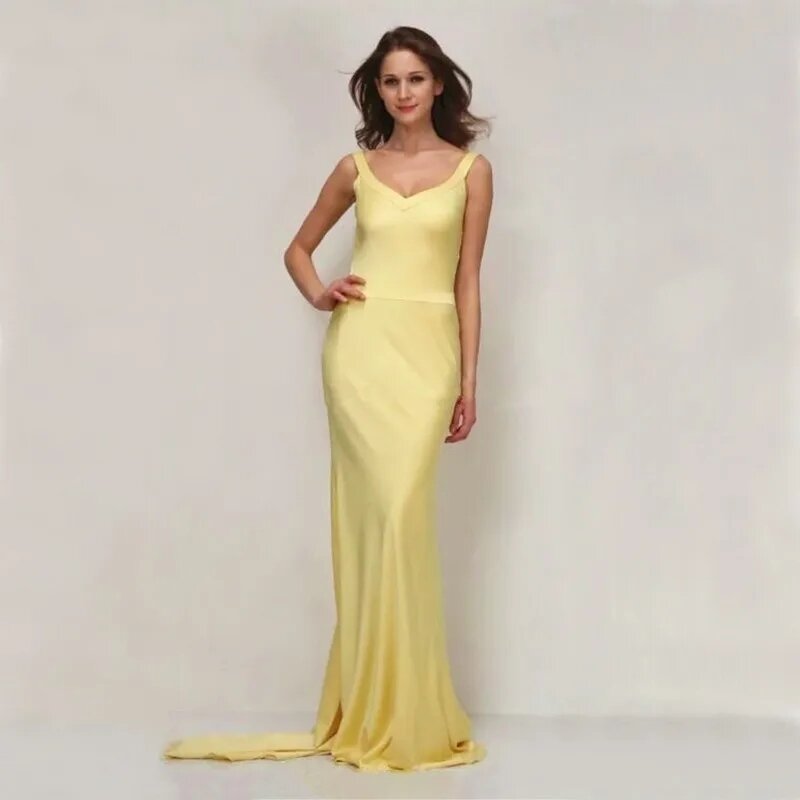 Yellow Mermaid V-Neck Prom Dresses Backeless Sleeveless Floor-Length Long Train Simple Evening Gown For Women Robes De Soirée