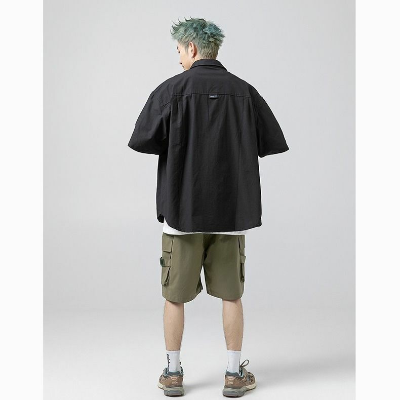 Camisa casual simples de trabalho solta masculina, manga curta, bolso múltiplo, roupas de streetwear, camisas de lapela, nova