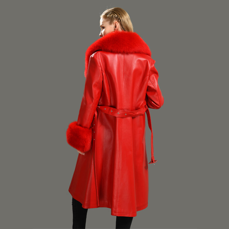 Women Real Leather Long Coat With Fox Fur Collar Ladies Genuine Sheepskin Trench Autumn Winter Fashion Warm Outwear
