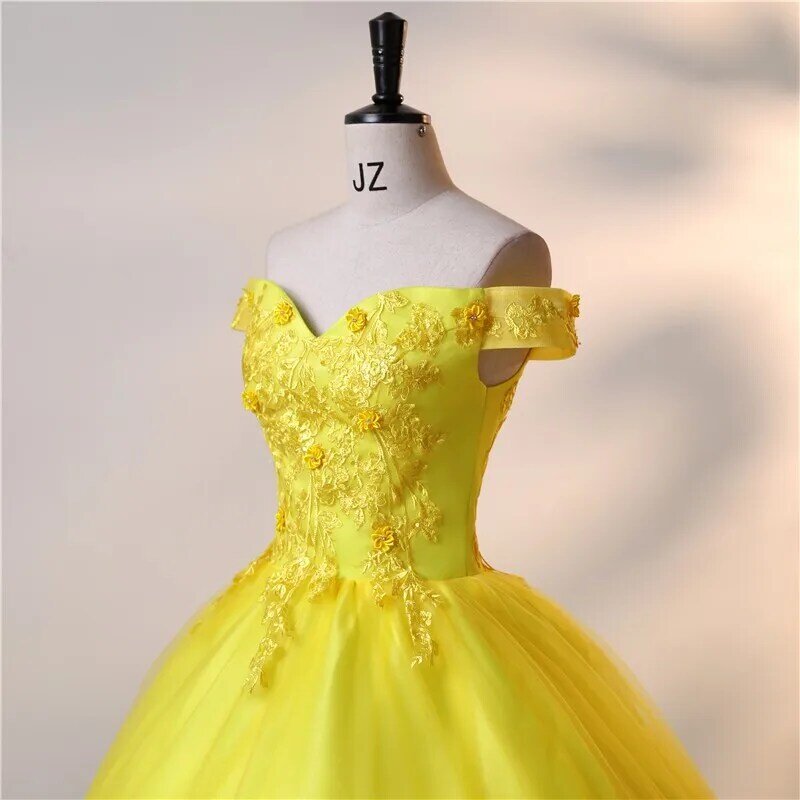 Ashley gaun pesta kuning gaun Quinceanera manis gaun pesta bahu terbuka elegan Vestidos renda klasik disesuaikan B01