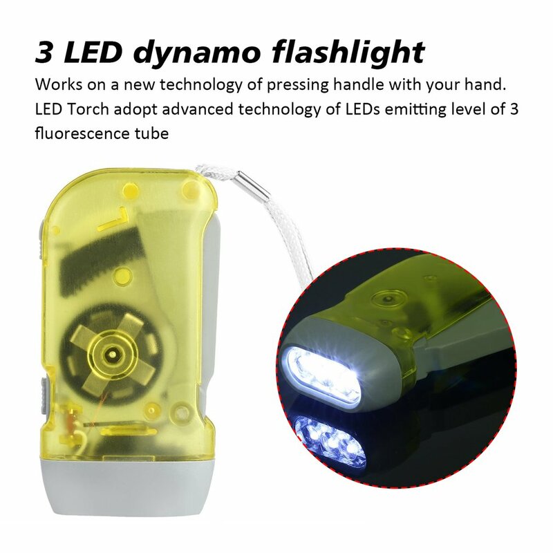 3 LED a pressione manuale dinamo Crank Power Wind Up torcia torcia a mano pressa a manovella lampada da campeggio luce per la casa all'aperto