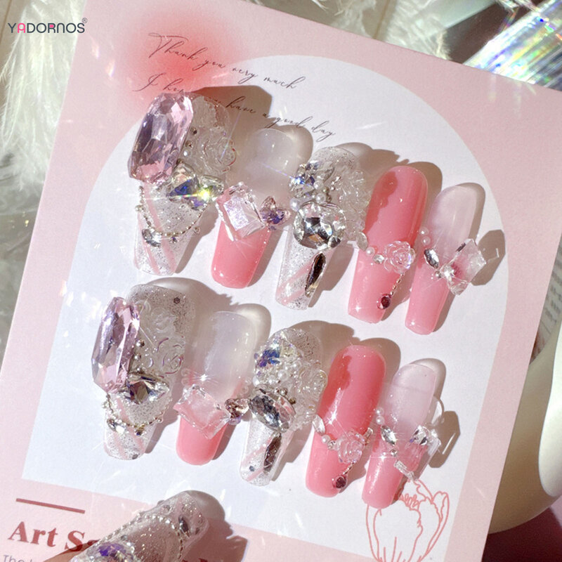 10 buah kuku palsu buatan tangan Blush merah muda Tekan pada kuku desain berlian balerina panjang ujung kuku palsu untuk wanita gadis DIY manikur