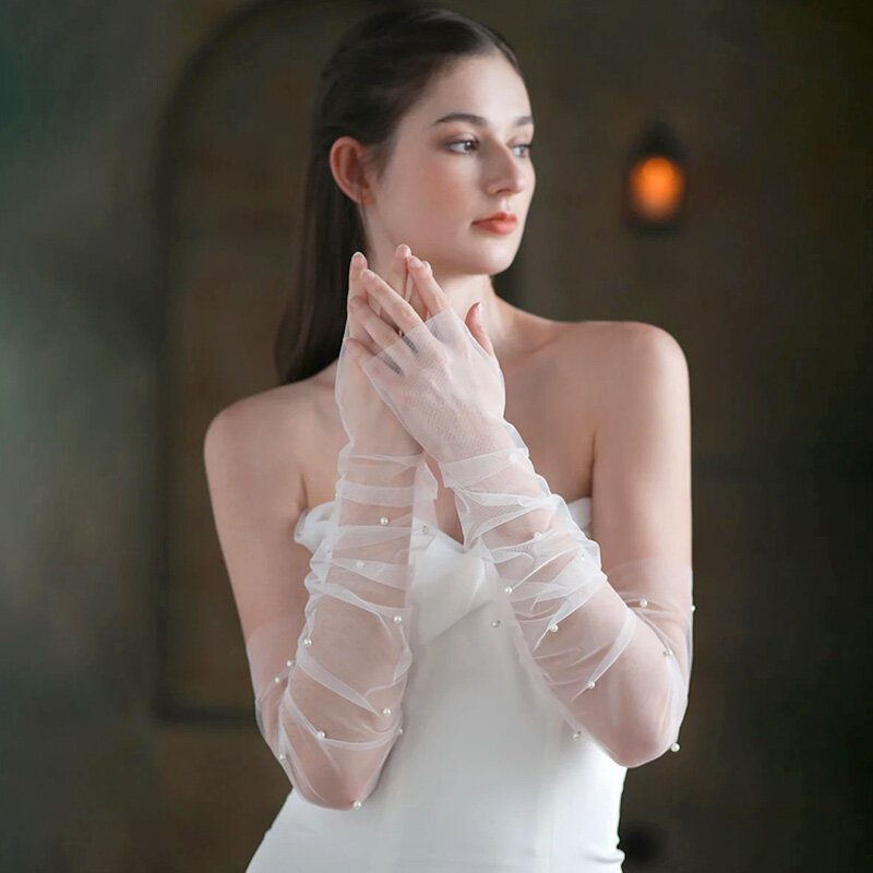 Sarung tangan renda panjang Putih Vintage, aksesoris gaun pernikahan Cheongsam Lengan tipis musim panas tabir surya tanpa jari