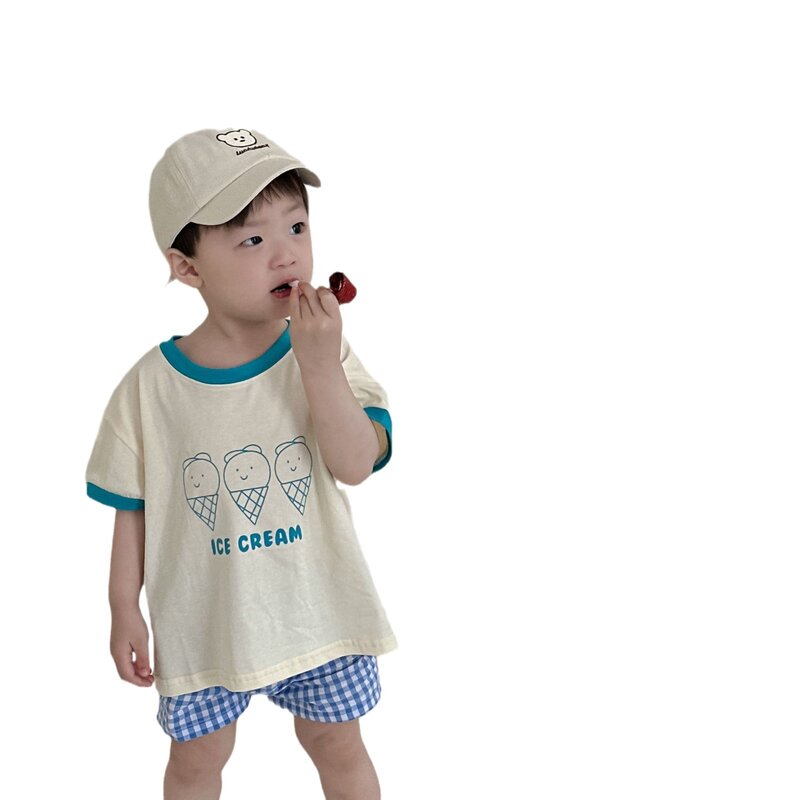 유아용 프린트 티셔츠 및 격자 무늬 반바지 세트, 유아용 얇은 캐주얼 의상, 2024 여름 신상, 세트, 남아 및 여아, 2 개