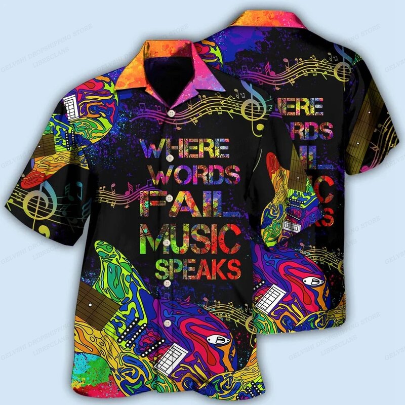 음악 하와이안 반팔 캐주얼 셔츠, 해변 블라우스, 남성 패션 의류, 캠핑 셔츠, 턴 오버 칼라