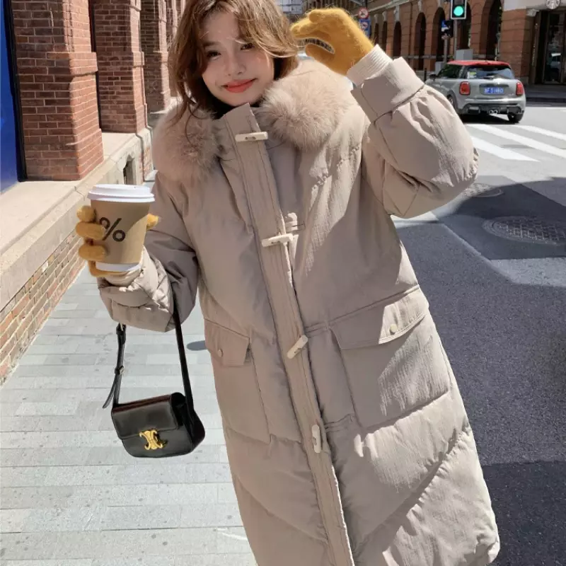 Chaqueta larga de plumón de pato blanco para mujer, abrigo de nieve con Cuello de piel, cálido y a la moda, versión coreana, novedad de 2024