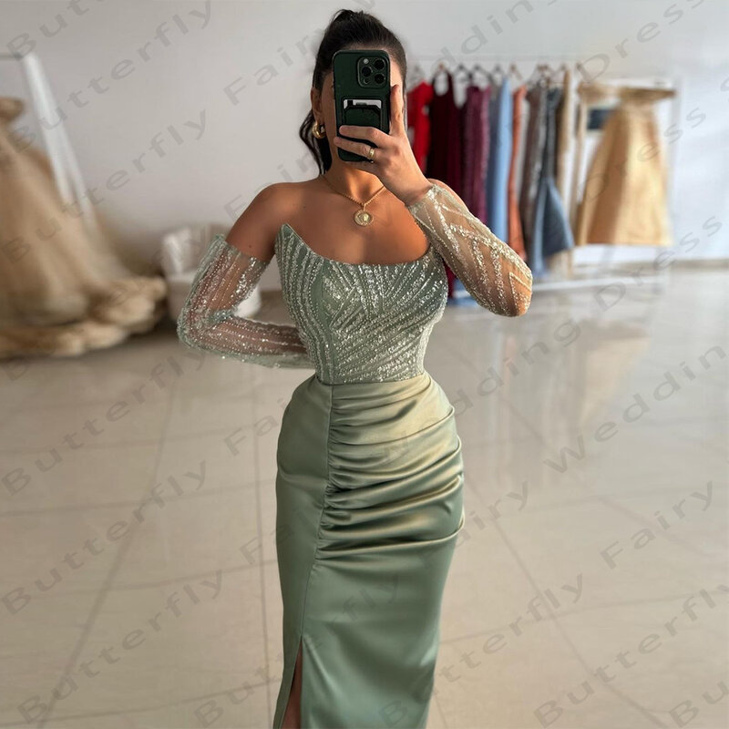 Elegant Women's Mermaid Evening Dresses With Detachable Sleeves Lace Stickers Princess Prom Gowns Formal Party Vestidos De Noche