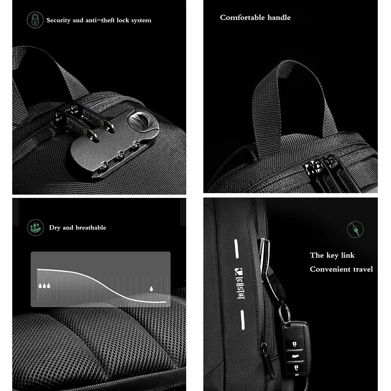 Bolsa de Ombro Multifuncional para Homens, Bolsa Crossbody USB, Travel Messenger Pack, Bolsa Peito Masculina, Moda de Trabalho