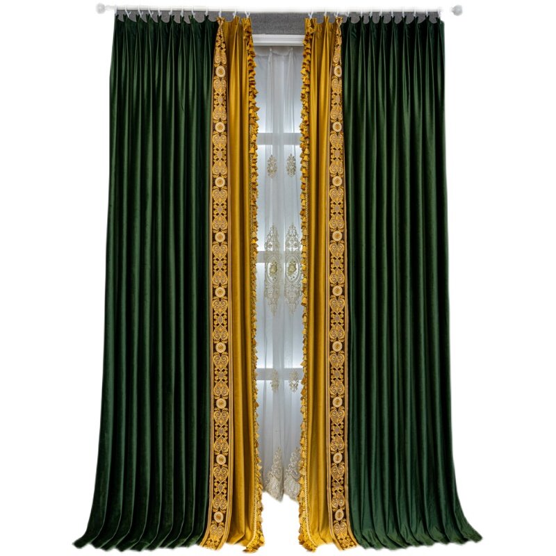 Cortinas bordadas europeas engrosadas de terciopelo verde oscuro de encaje de alta gama europeo para sala de estar, comedor y dormitorio