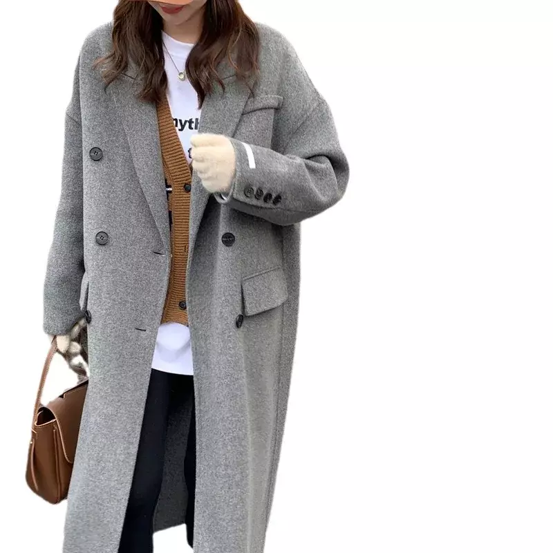 Casaco grosso de lã sintética feminino, jaqueta de manga comprida, moda elegante, cinza simples, senhora do escritório, inverno