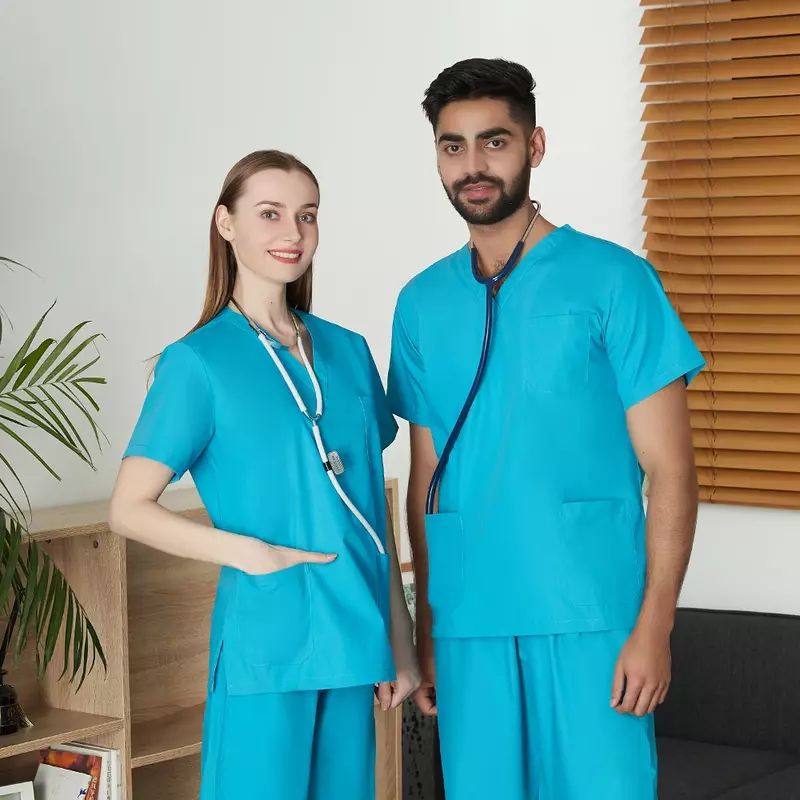 Pria Warna Solid Set Seragam Medis Pria Grosir Klinik Rumah Sakit Dokter Overall V-neck Mode Scrub Farmasi Pakaian Perawat