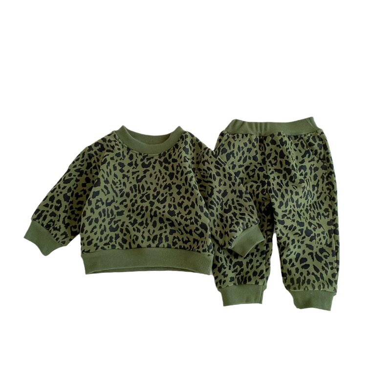 Set pakaian baru musim gugur 2023 2 potong, atasan kaus lengan penuh macan tutul + celana harem bayi balita anak baru lahir