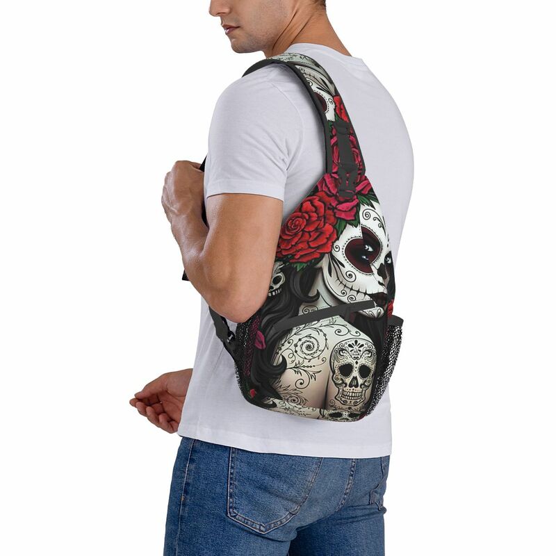Sugar Skull Crossbody Sling Bags SmallChest Bag Beautiful Girl Shoulder Backpack para viagens Caminhadas Camping Satchel
