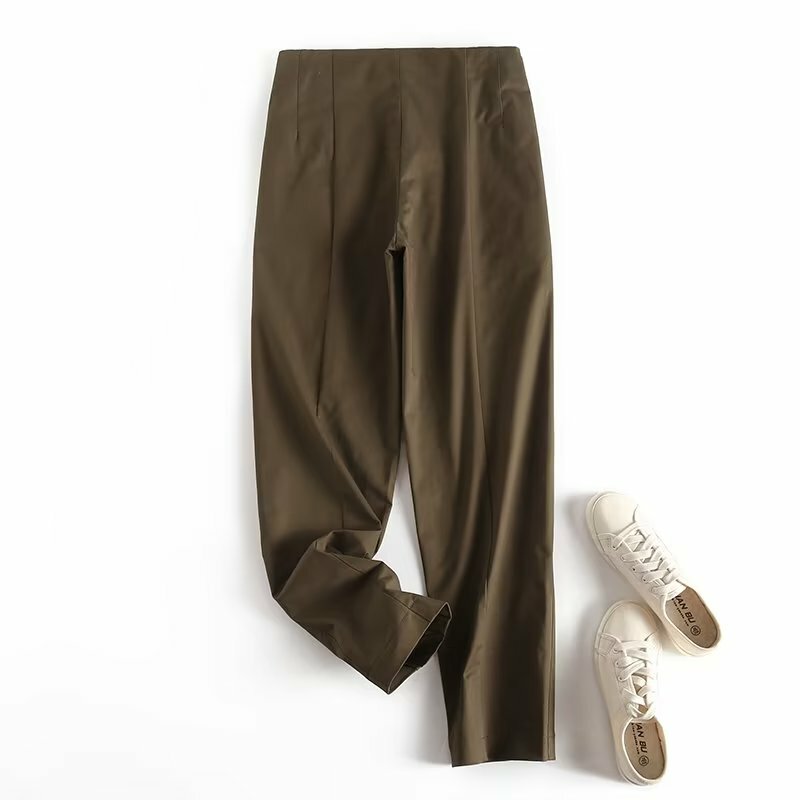 Pantalon Slim plissé en pur coton pour femmes, Simple et décontracté, à la mode