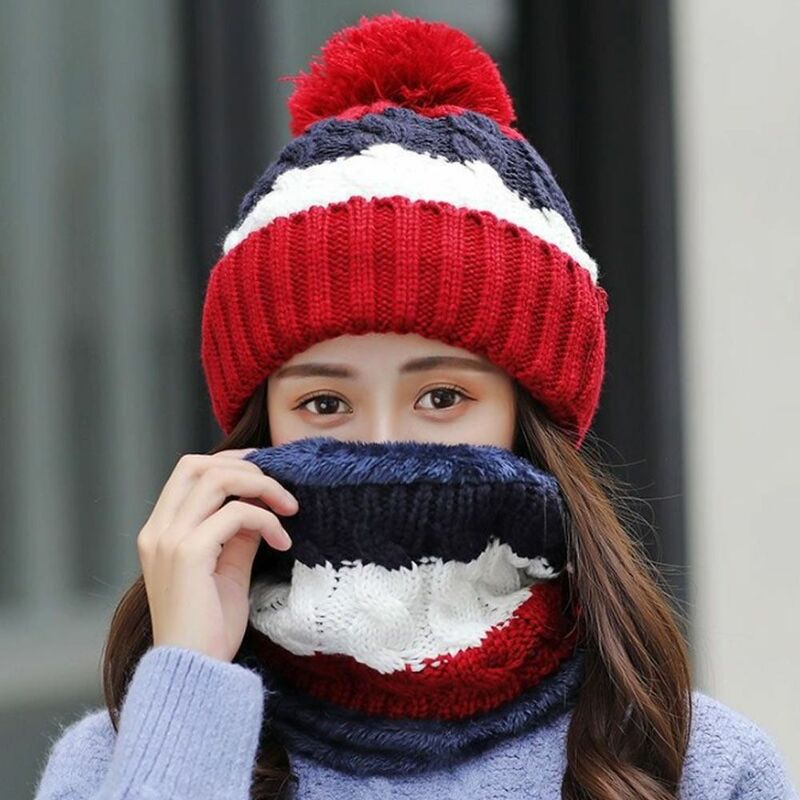 2 pz/set protezione del collo cappello lavorato a maglia inverno caldo sciarpa antivento Set Outdoor peluche sciarpa Cap donna