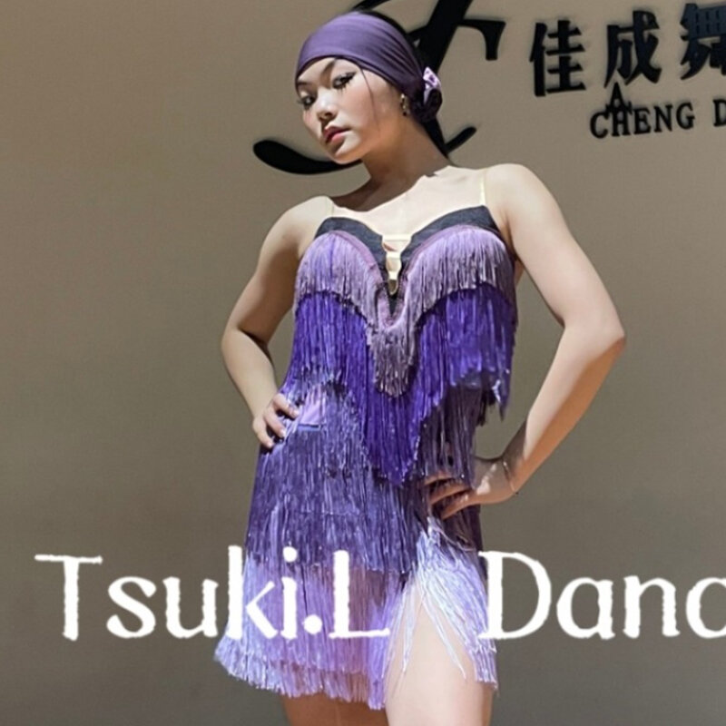 Vestido de baile latino para mujer, traje Sexy de competición con borlas púrpuras, ropa de actuación para adultos, Cha, Rumba, Samba, NV20298