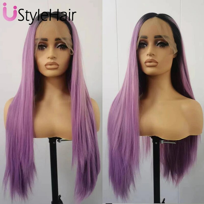 UStyleHair Ombre Wig lurus panjang ungu 13x6 Wig renda depan untuk wanita rambut sintetis tahan panas penggunaan harian akar Drak